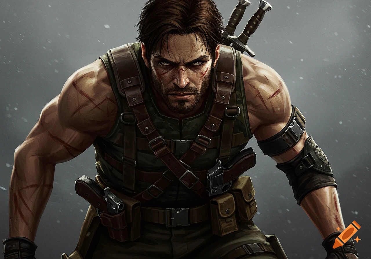 Close-up portrait of a rugged male soldier with scars, weapons, and tactical gear.