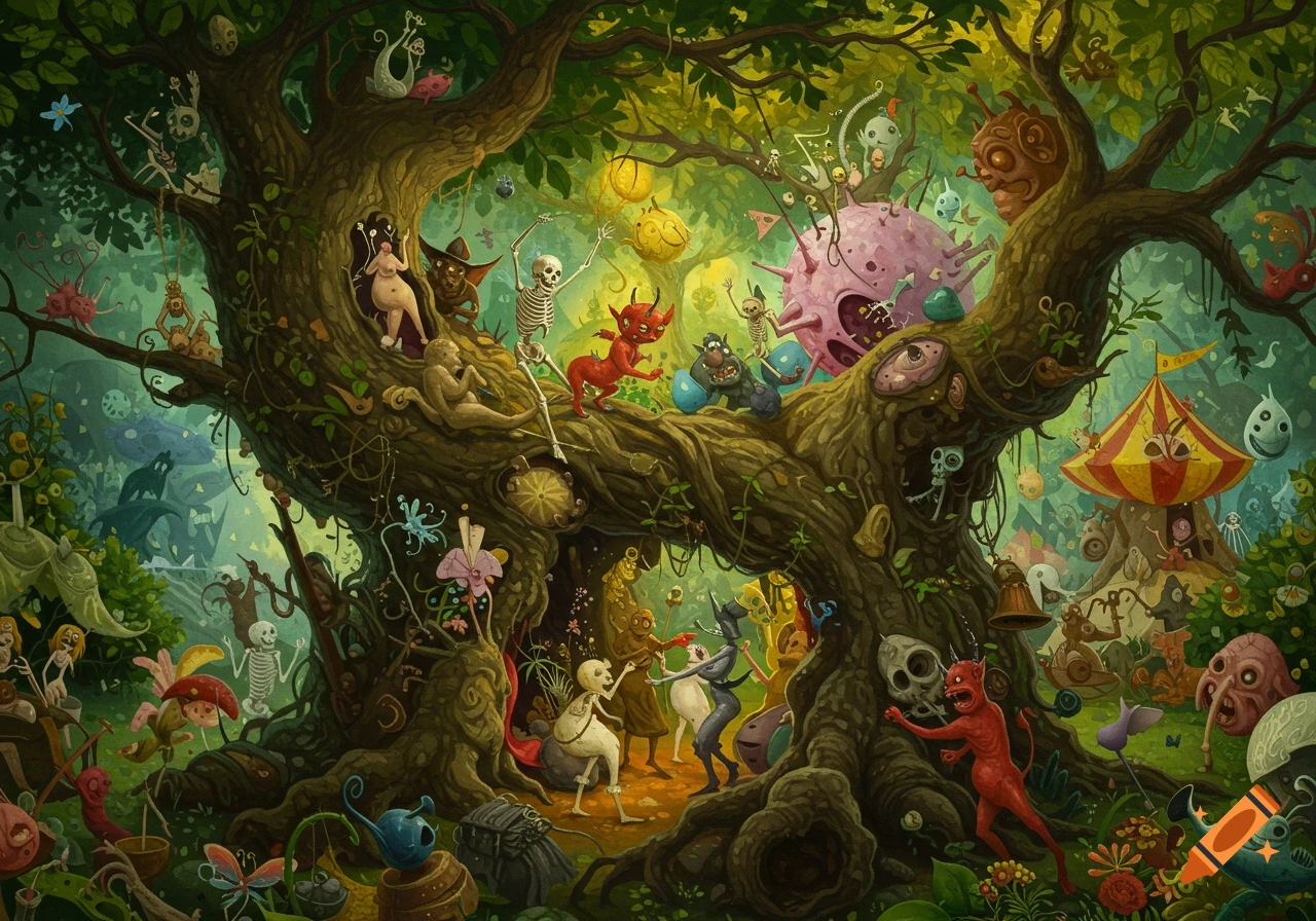Macabre carnival scene in a giant tree with various monsters, skeletons, and devils.