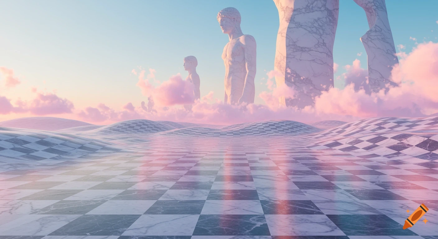 Surreal vaporwave landscape with giant marble statues on a marble checkerboard plain under a pink and blue sky.