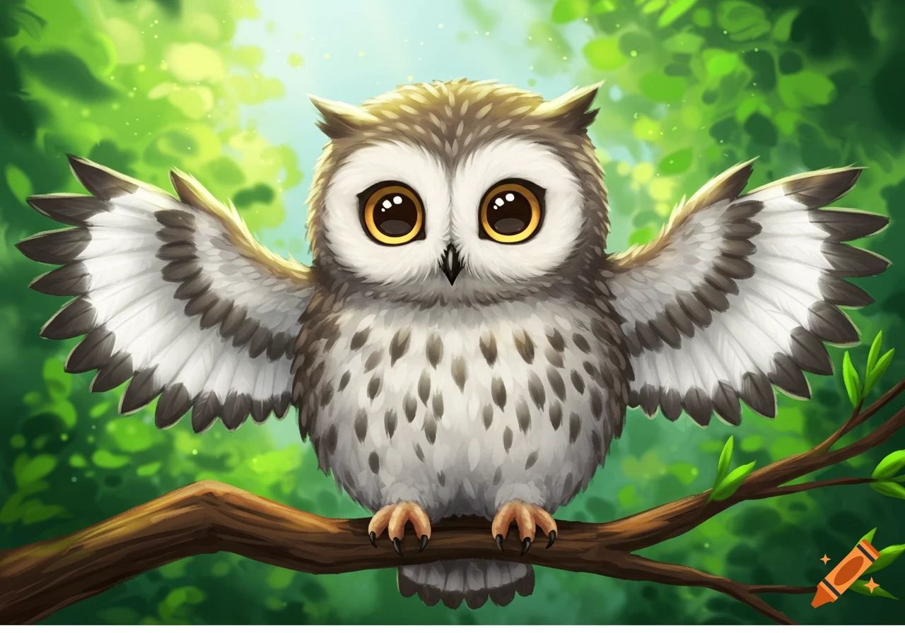 Cute owl with white and grey wings sitting on a branch, illustration style.