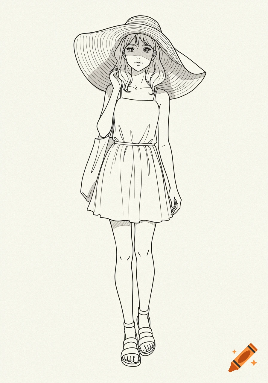 Line drawing of a girl in a sundress and large hat