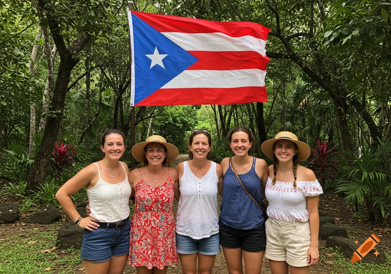 Five women stand smiling in front of a Puerto Rican flag in a lush forest.