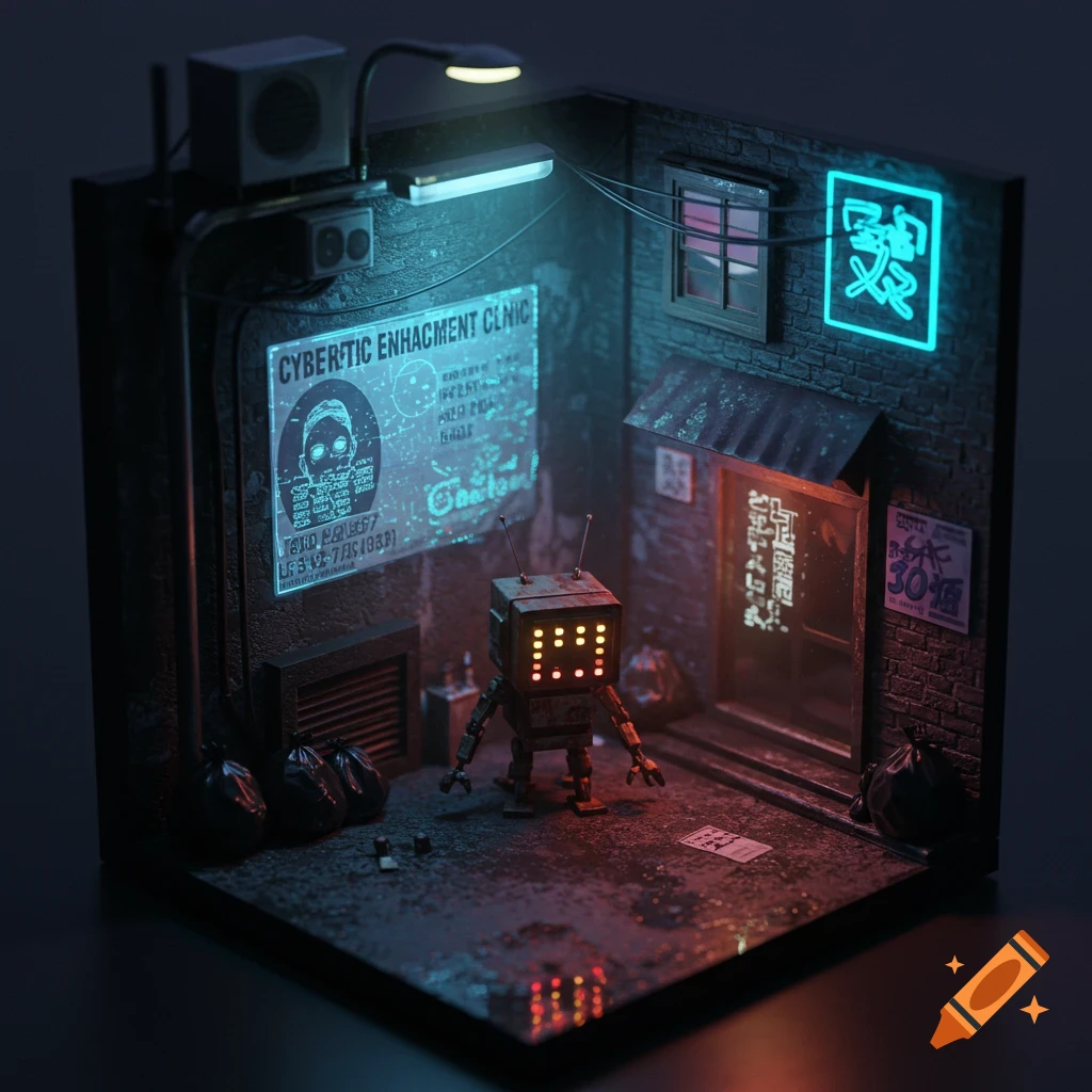 A small robot stands in a cyberpunk urban diorama scene with neon signs and trash.