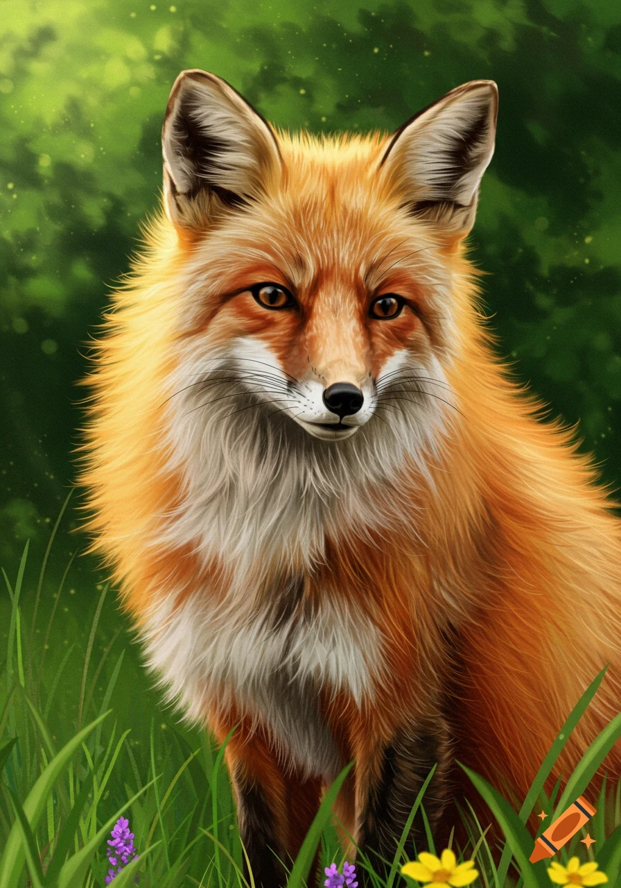 Digital painting of a red fox portrait sitting in grass with a green background.