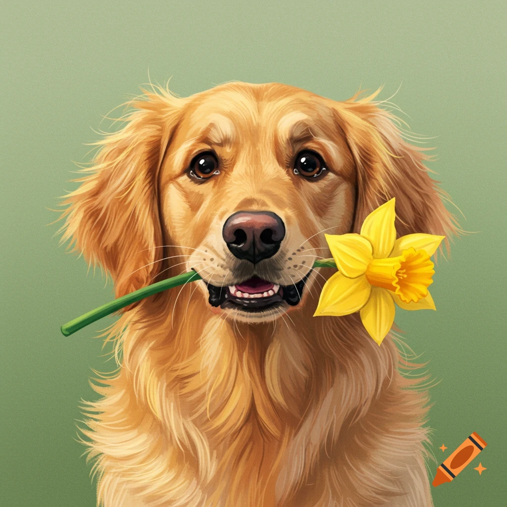 A golden retriever dog holds a yellow daffodil in its mouth.