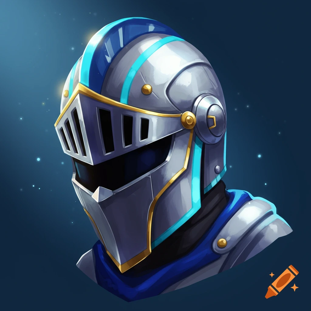 A stylized silver and blue knight helmet with gold trim.
