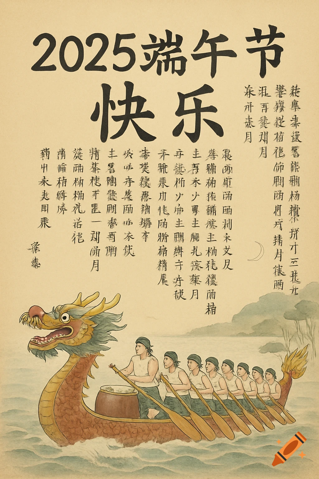 Illustration in traditional Chinese painting style of a dragon boat race with people rowing, with text above.