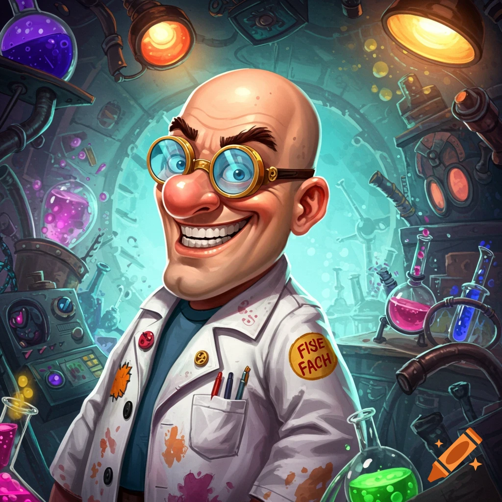 Cartoon illustration of a bald mad scientist with goggles, smiling in a cluttered laboratory.