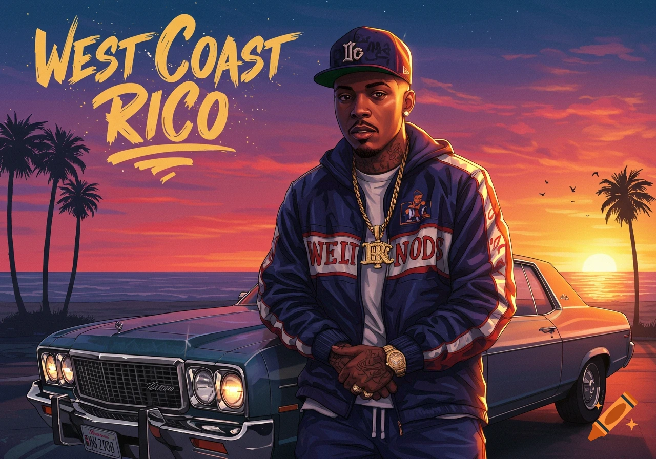 Stylized illustration of a man leaning on a classic car at sunset with palm trees. "WEST COAST RICO" is written above him.