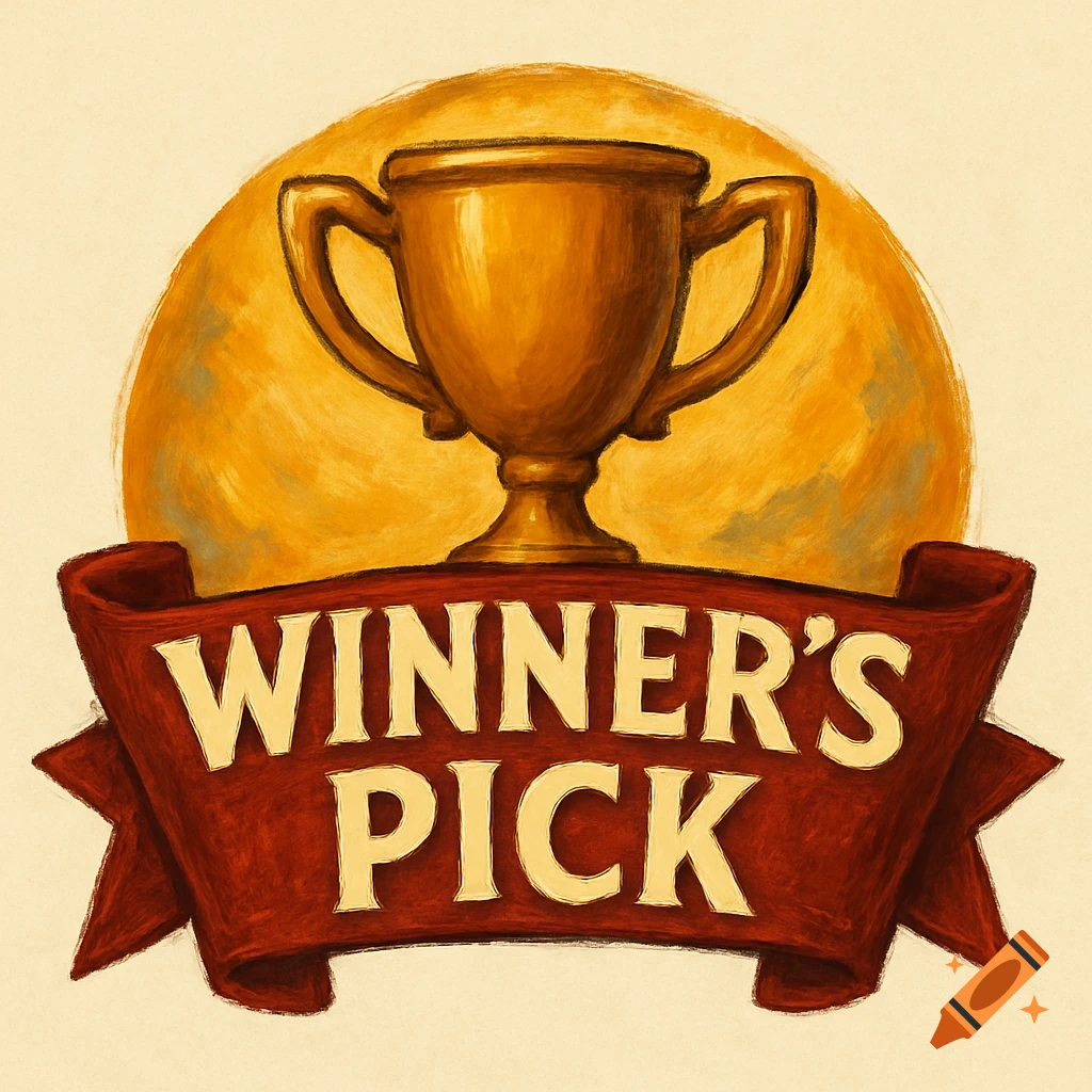 Golden trophy over red banner reading WINNER'S PICK against yellow background.