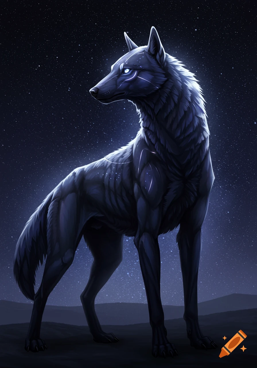 A stylized dark wolf stands under a starry night sky.