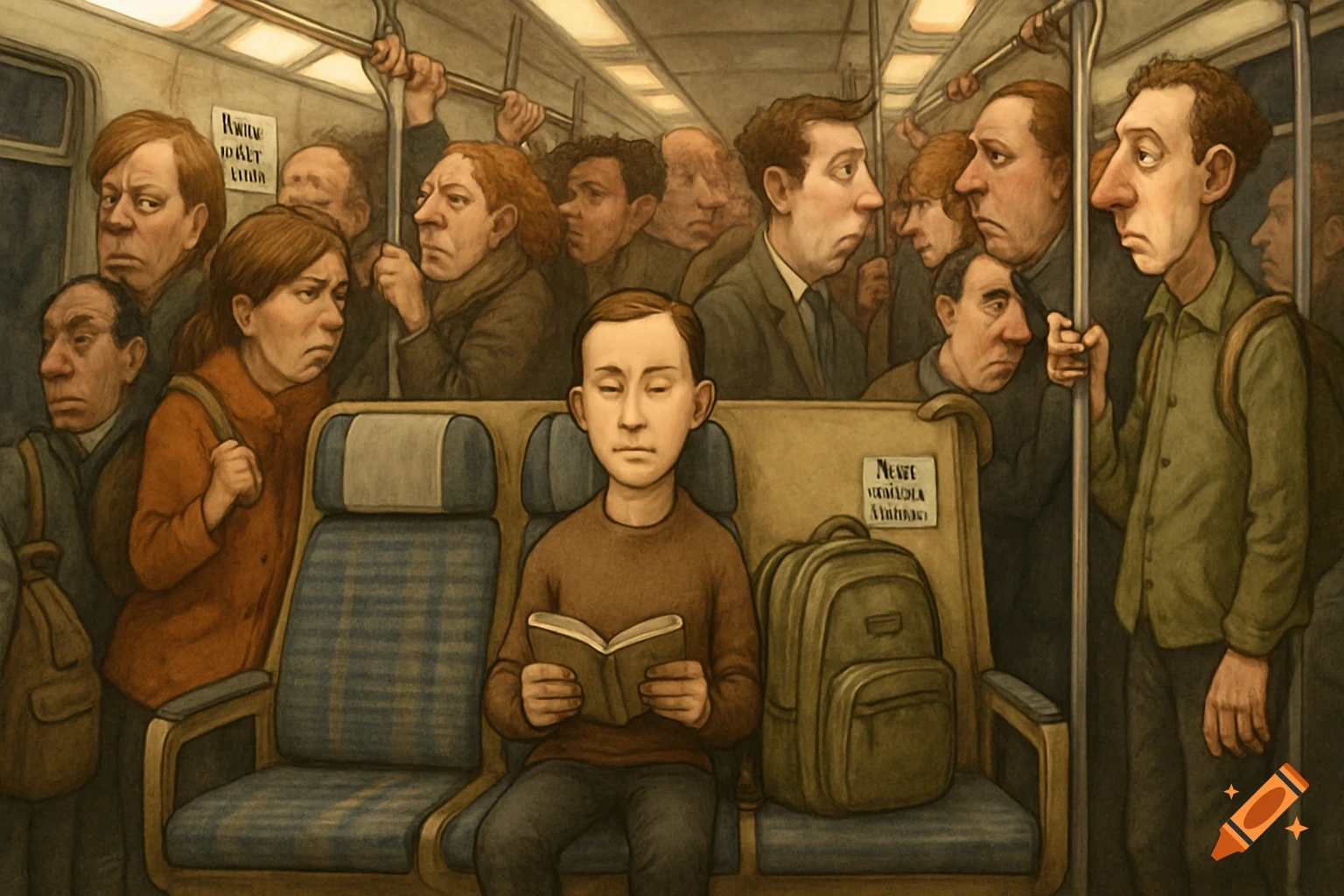 Caricature illustration of a crowded subway train with passengers standing and one person reading a book.