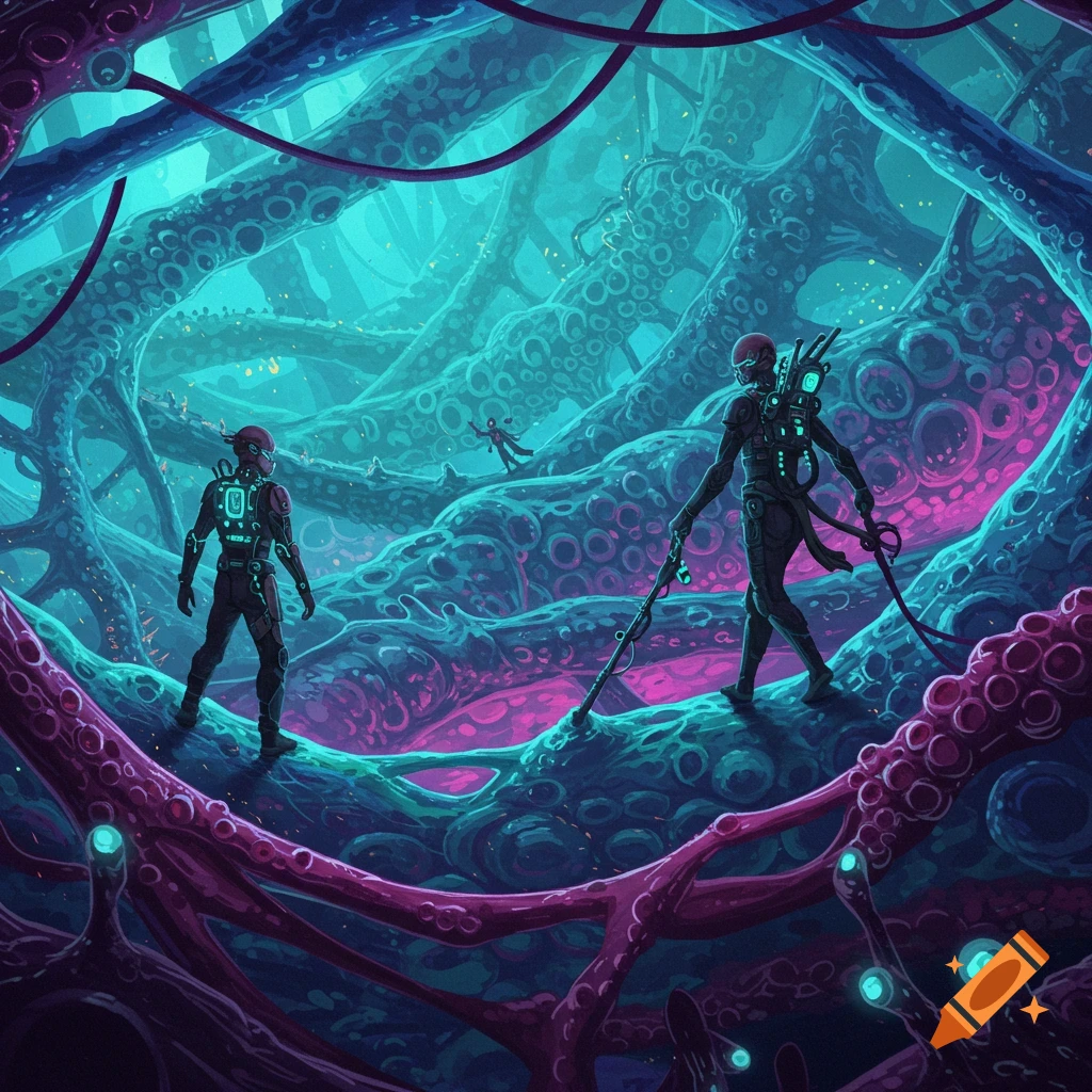 Two sci-fi explorers in suits traverse a strange, organic alien world of pink and blue membranes.