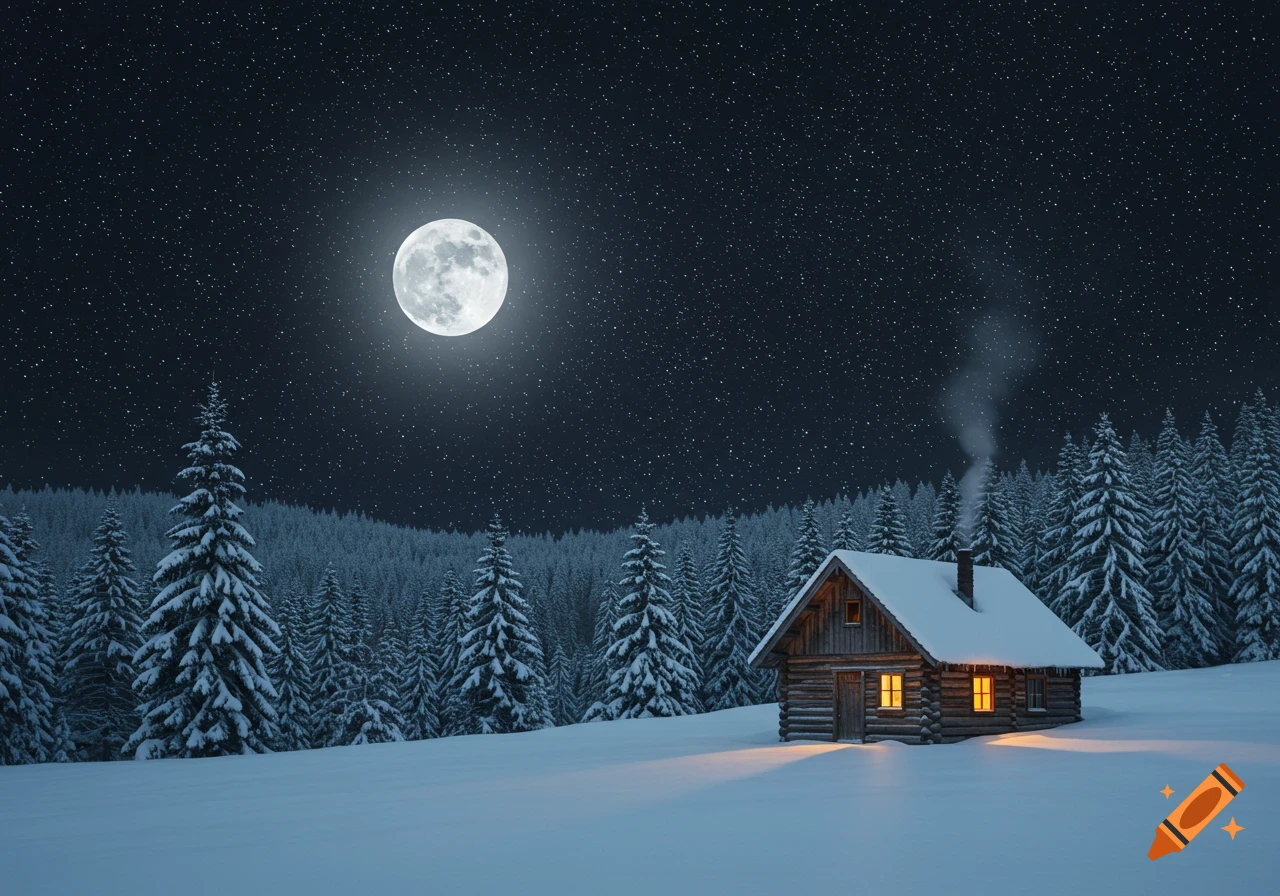 A log cabin in a snowy forest under a starry night sky with a full moon.