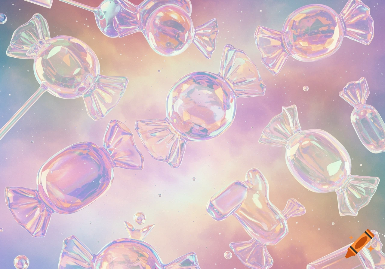 Crystalline candies and lollipops float against a pastel gradient background.