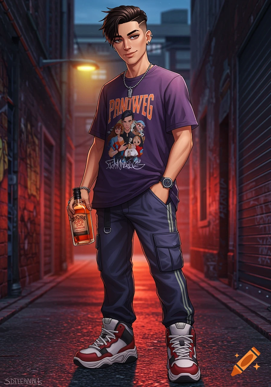 Full body illustration of an anime character in streetwear holding a whiskey bottle in a dark alley.