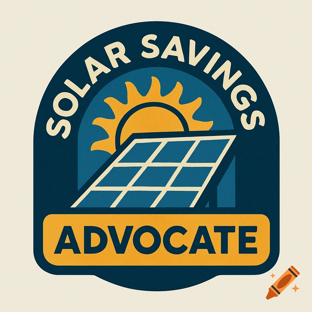 A dark blue and orange badge illustration with a solar panel, sun, and the text 'SOLAR SAVINGS ADVOCATE'.