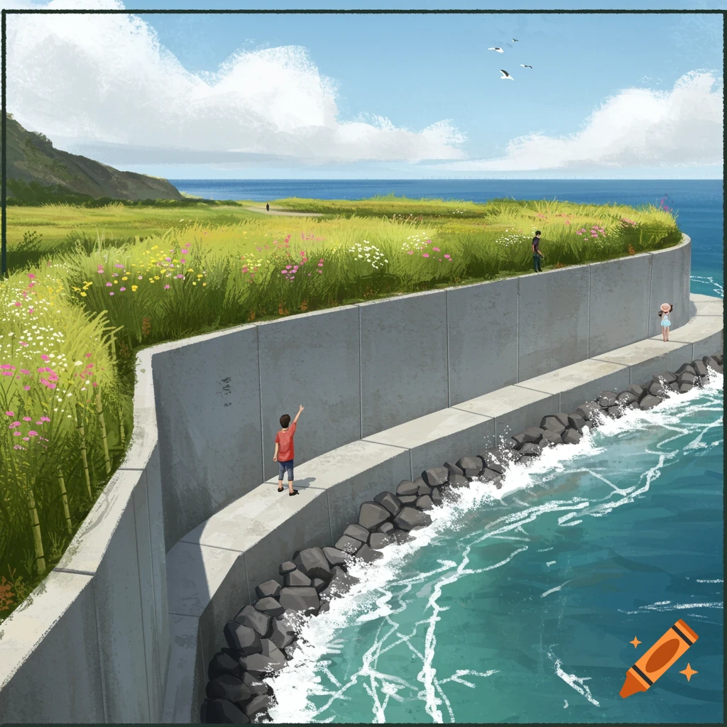 Illustrated scene of people on a sea wall next to the ocean, with a grassy, wildflower-covered hill behind them.