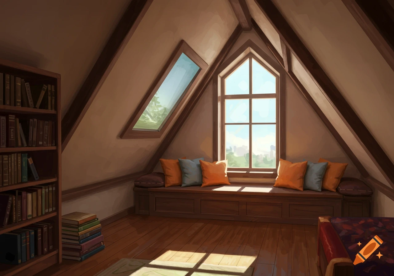 Cozy attic room with window seat, pillows, and bookshelves
