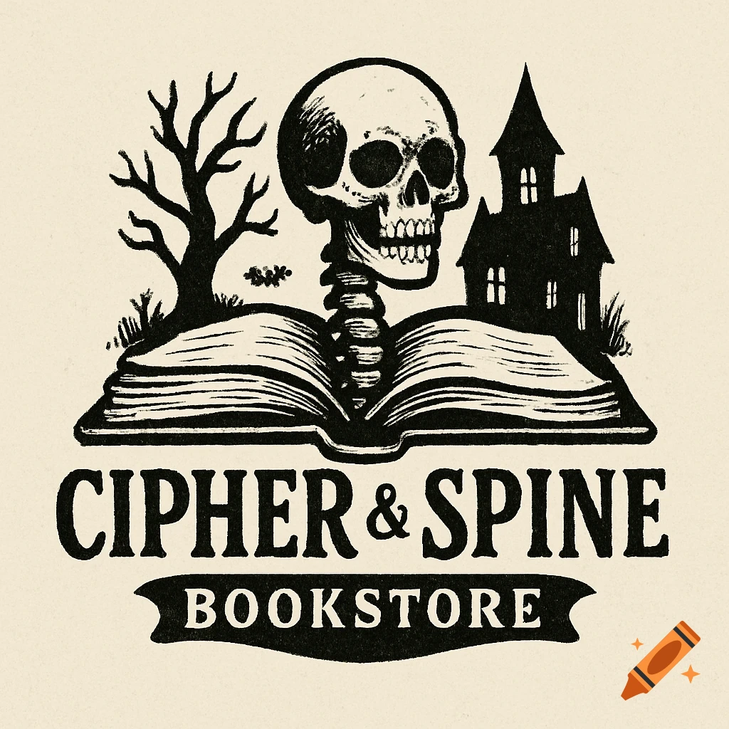 Black and white logo for Cipher & Spine Bookstore with a skull on an open book, a tree, and a spooky house.