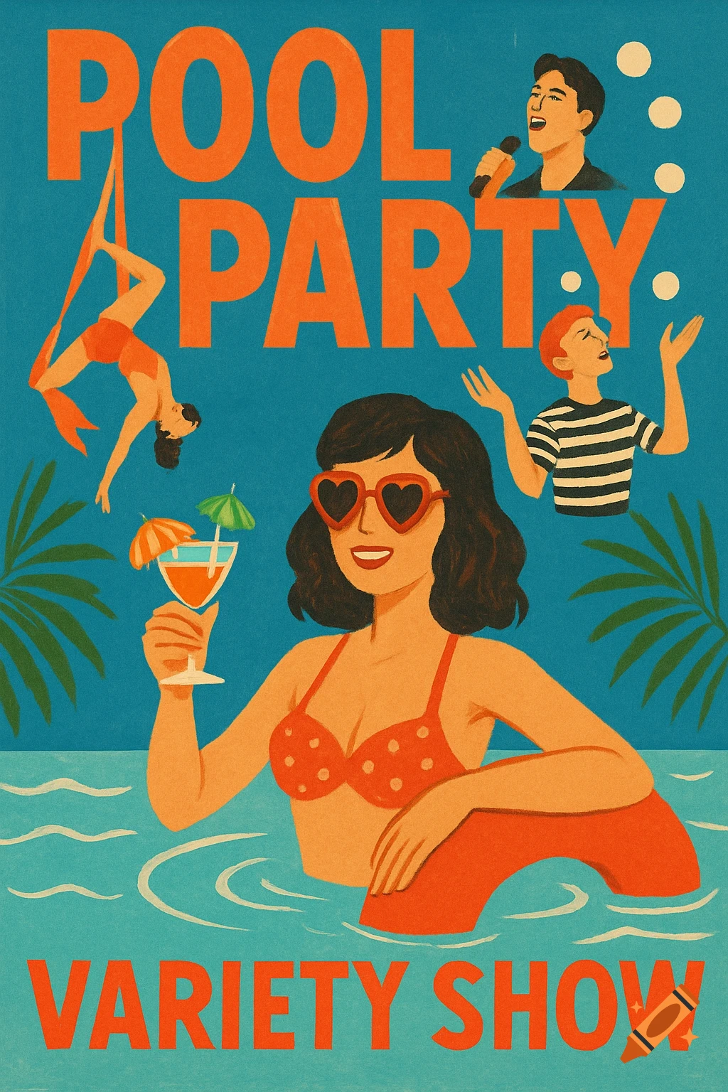 An illustration poster for a pool party variety show with people in a pool and performing, in a retro style.