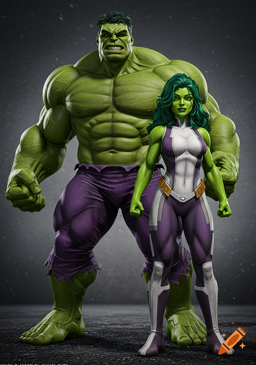 The Incredible Hulk and She-Hulk stand together in a powerful pose.