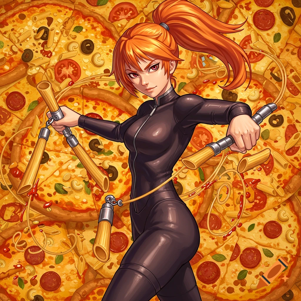 A ninja woman with orange hair holds nunchucks made of pasta against a background of pizzas.