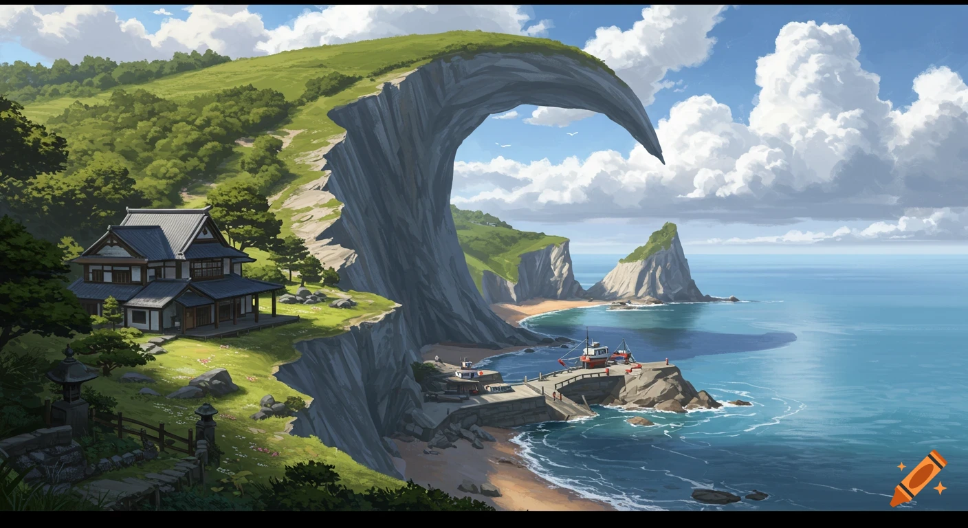 Cinematic wide view of a crescent-shaped coastal cape with a Japanese house on the hill and a small fishing village at the base.