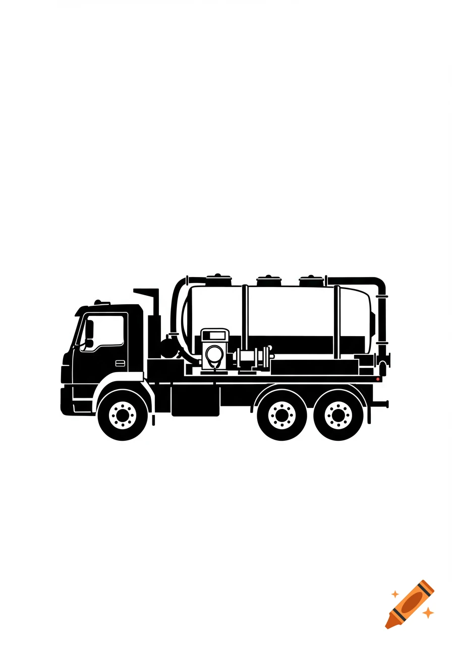 Black and white clip art illustration of a septic pumping truck in profile.