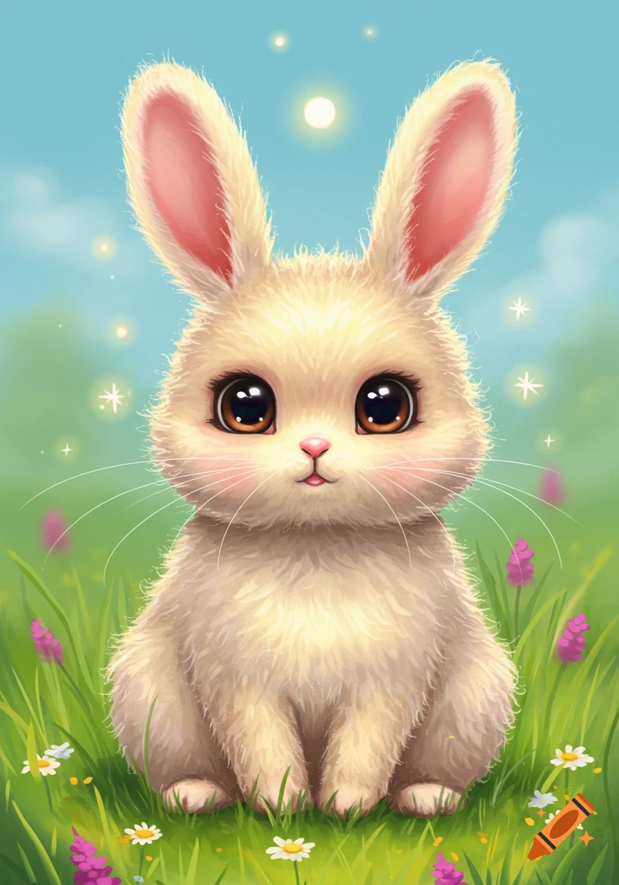 A cute fluffy bunny with big eyes sits in a grassy field with flowers under a blue sky.