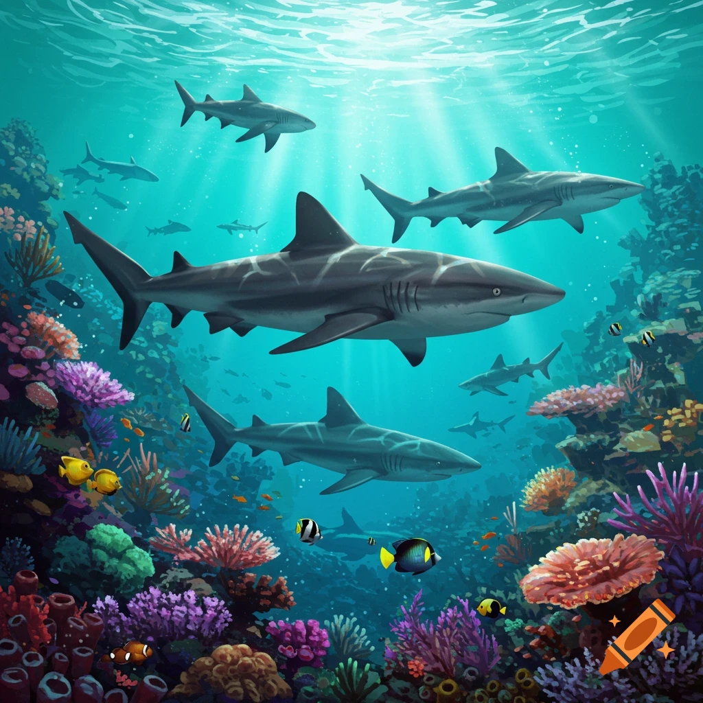 Sharks swimming through a vibrant underwater coral reef with tropical fish and sun rays.