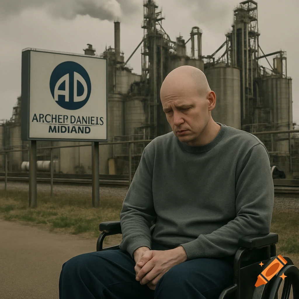 Sad bald man in wheelchair outside a large factory with ARCHER DANIELS MIDLAND sign.