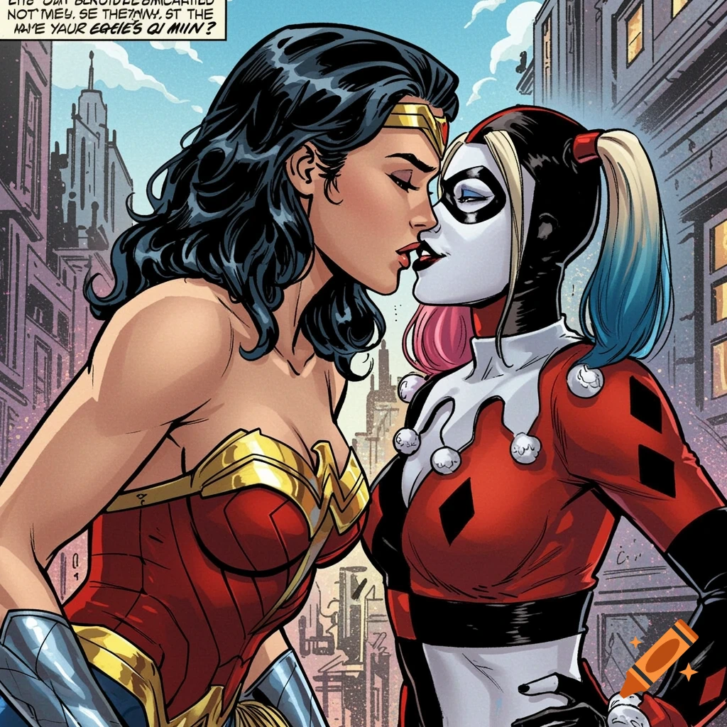 Comic book art of Wonder Woman and Harley Quinn kissing