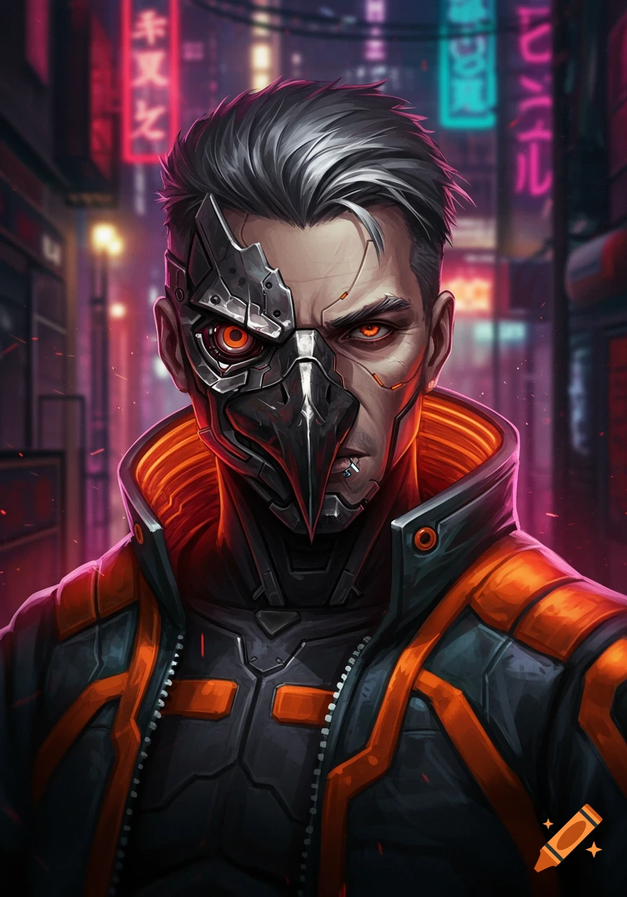 Portrait of a cyberpunk man with a metallic bird mask and orange jacket in a neon city street.