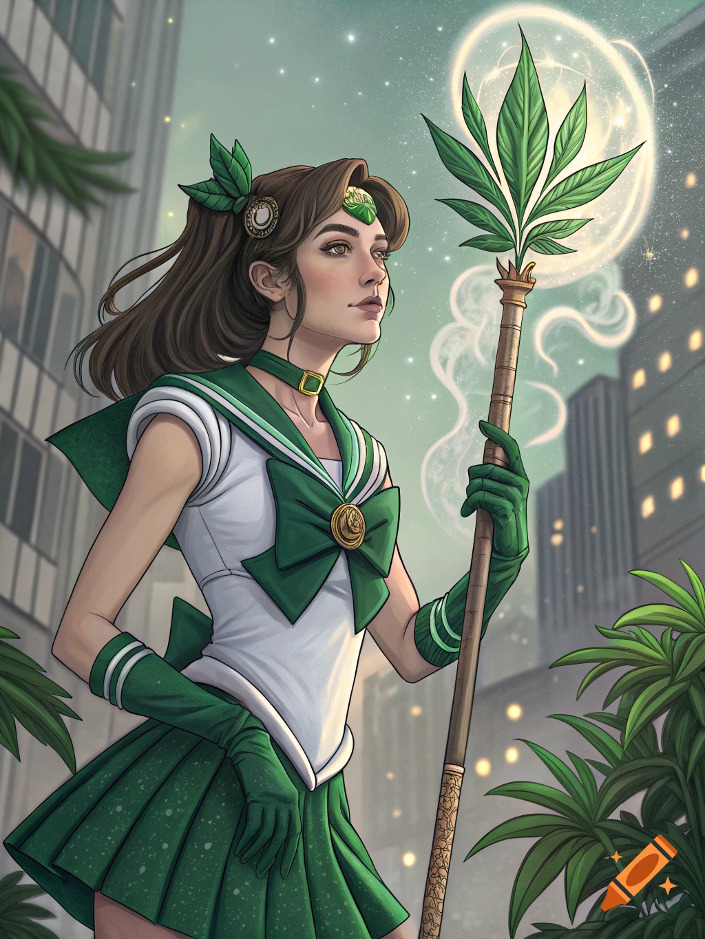 Illustration of a woman in a green Sailor Scout uniform holding a staff with a cannabis leaf, in a city.