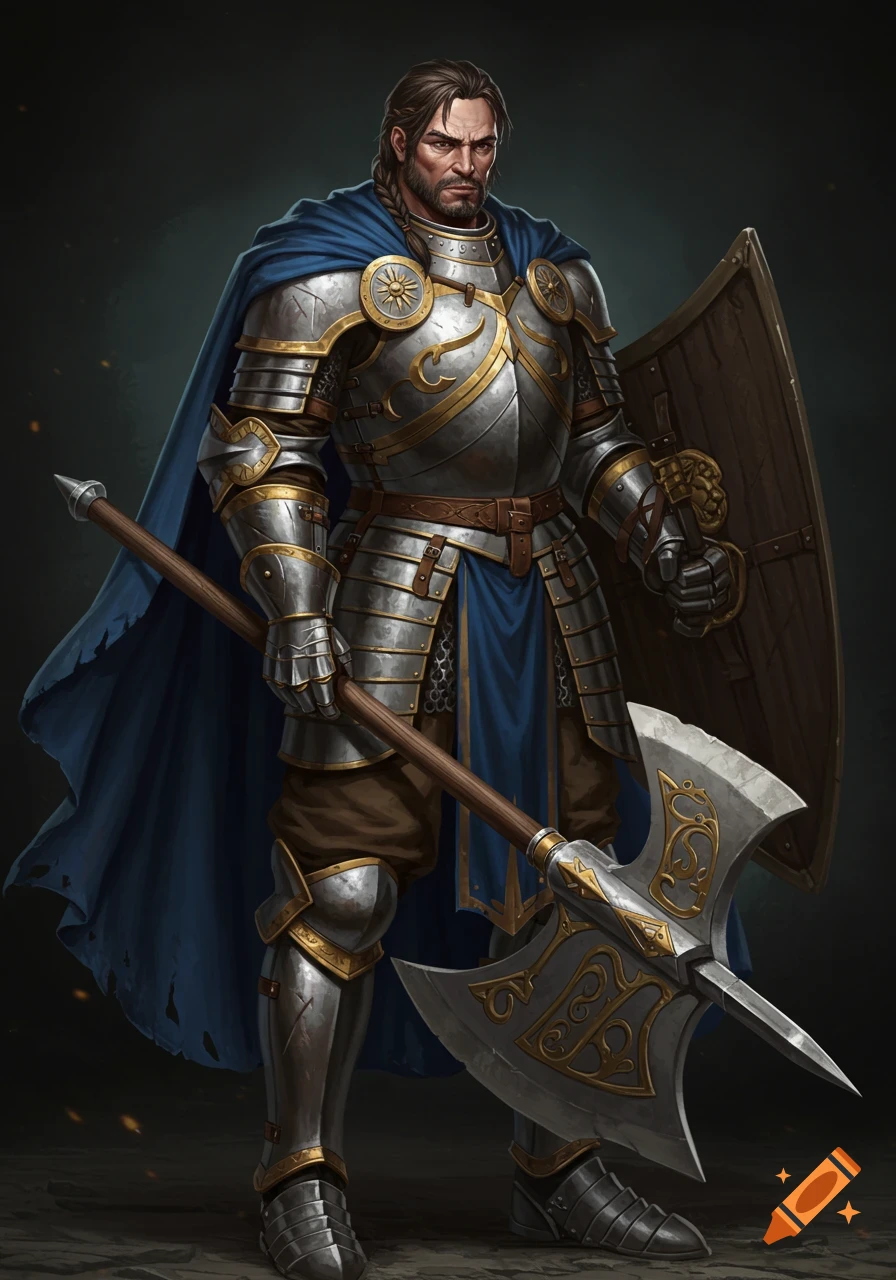 Full portrait of a human paladin knight in ornate armor with a large battle-axe and shield.