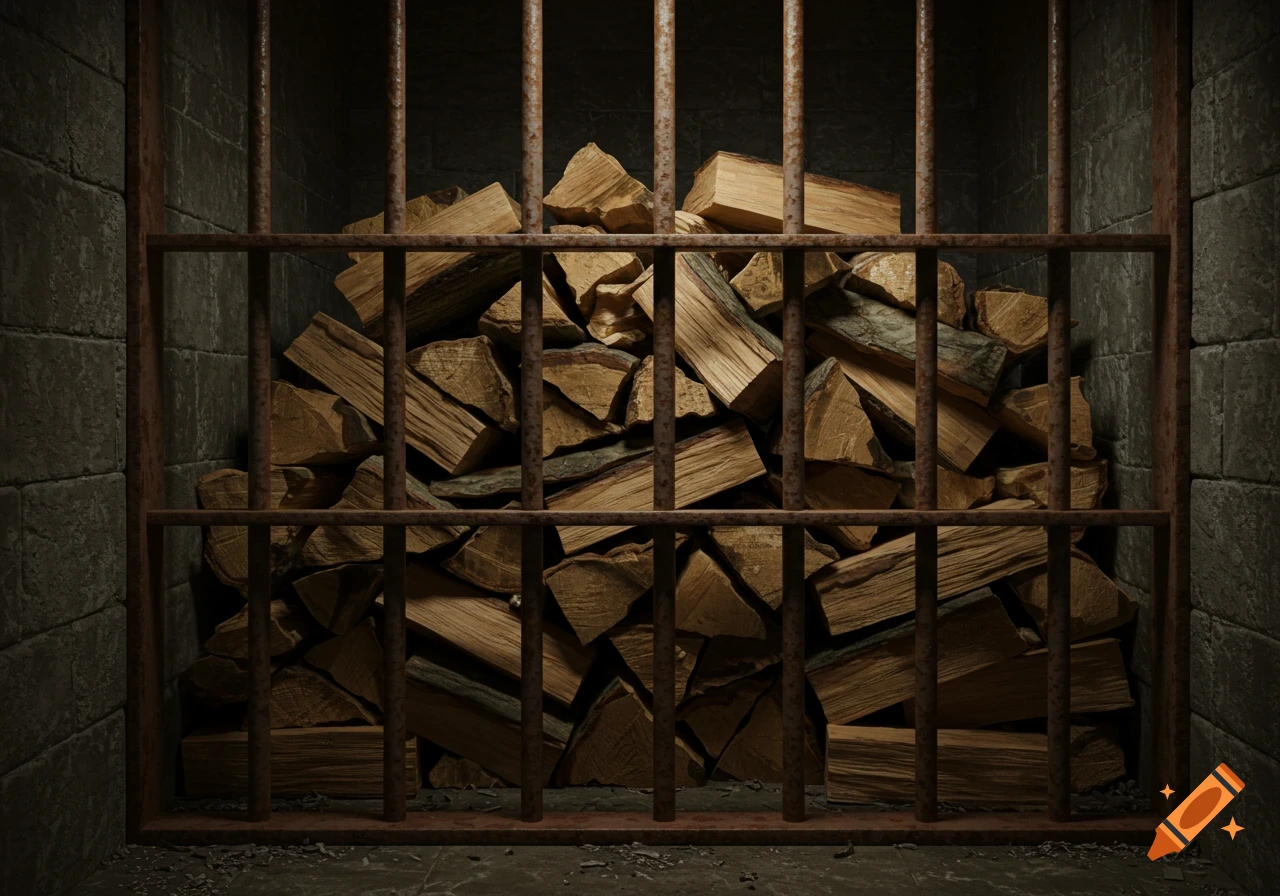 A large pile of split firewood is contained behind rusty metal bars in a dark, stone-walled room.