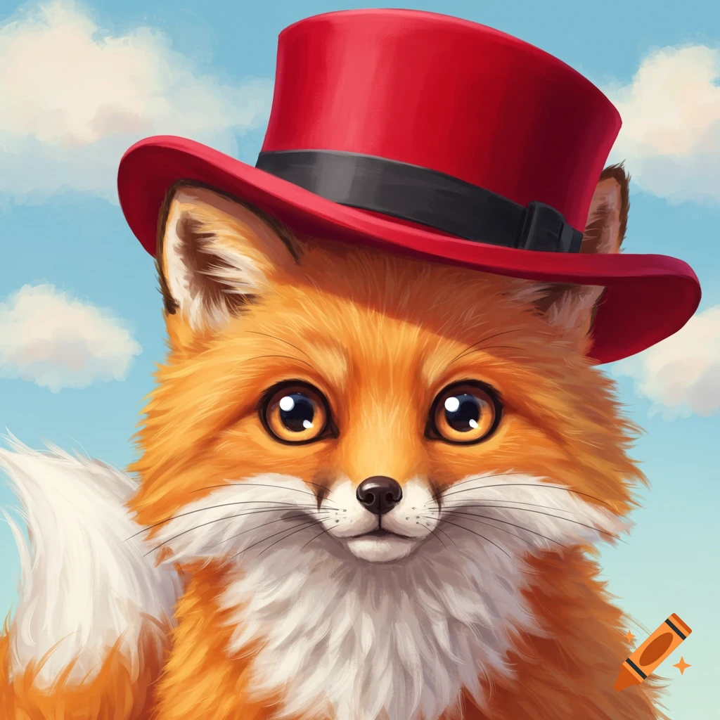 A cute fox wearing a red top hat