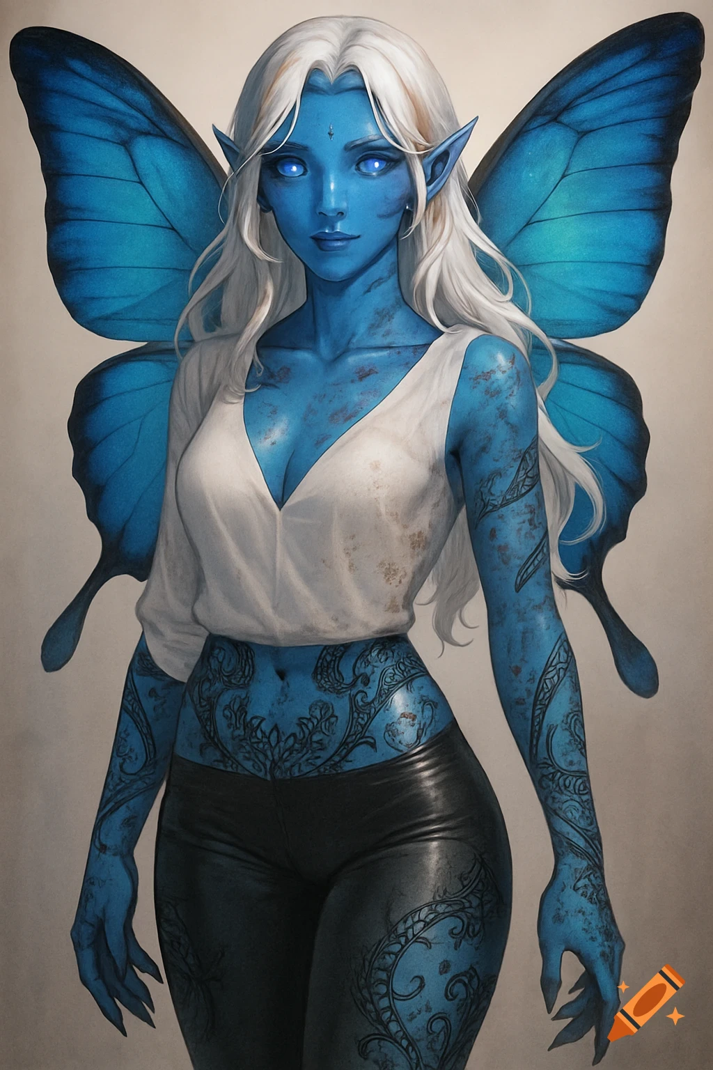 A blue-skinned fantasy woman with white hair and large blue butterfly ...