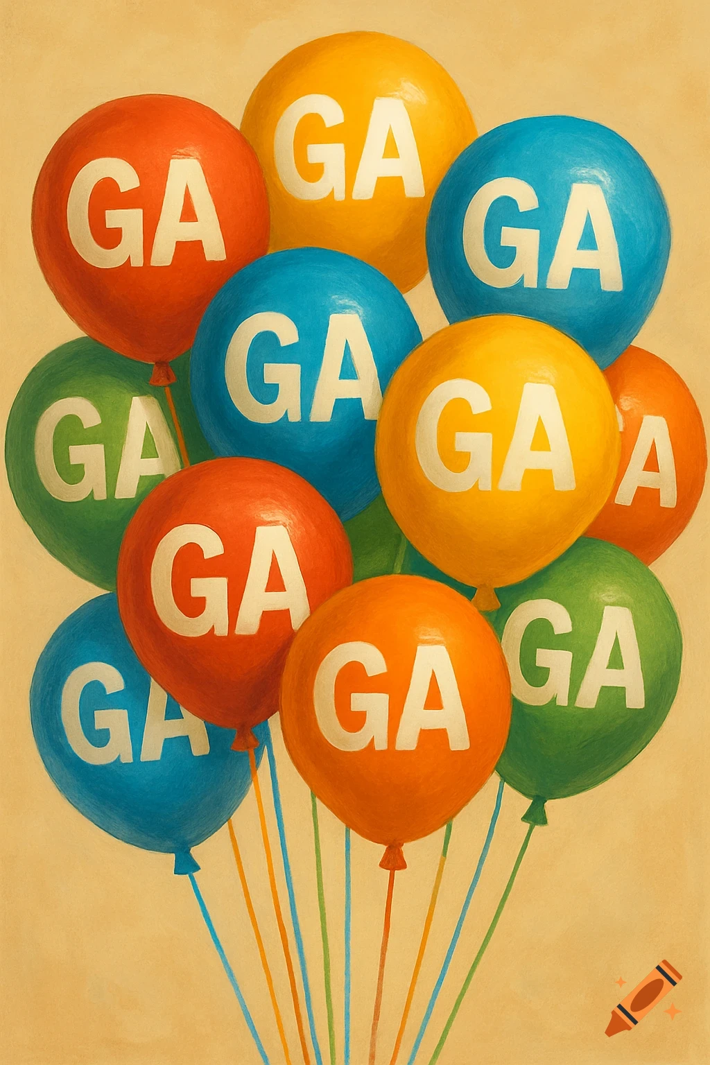 Illustration of a bunch of colorful balloons with the letters GA on them