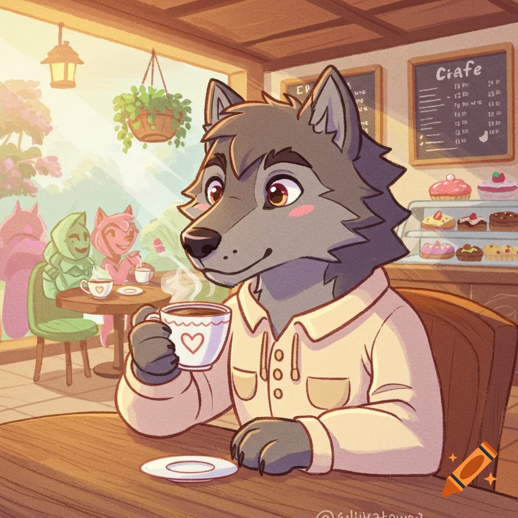 A cartoon wolf drinks coffee at a cafe table.