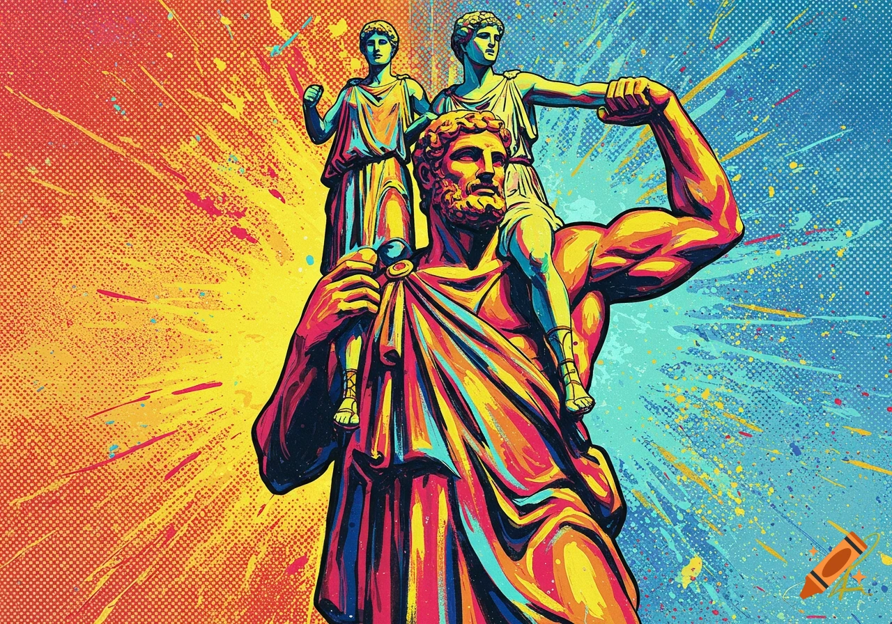 Pop art painting of a Greek figure carrying two smaller figures, in vibrant colors with paint splatters and halftone textures.