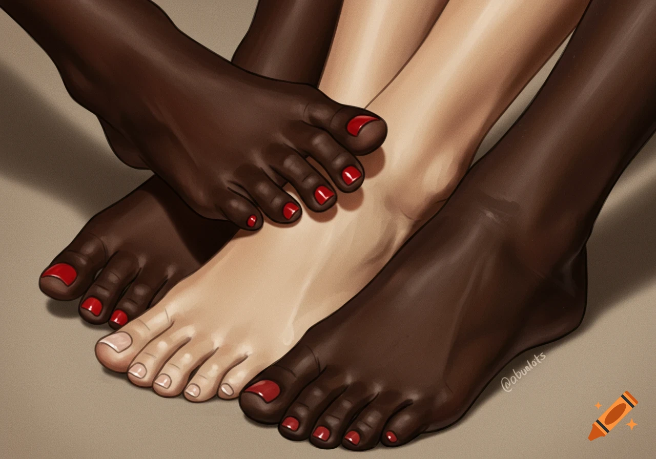 Close-up illustration of three feet with varying skin tones and red nail polish, overlapping.