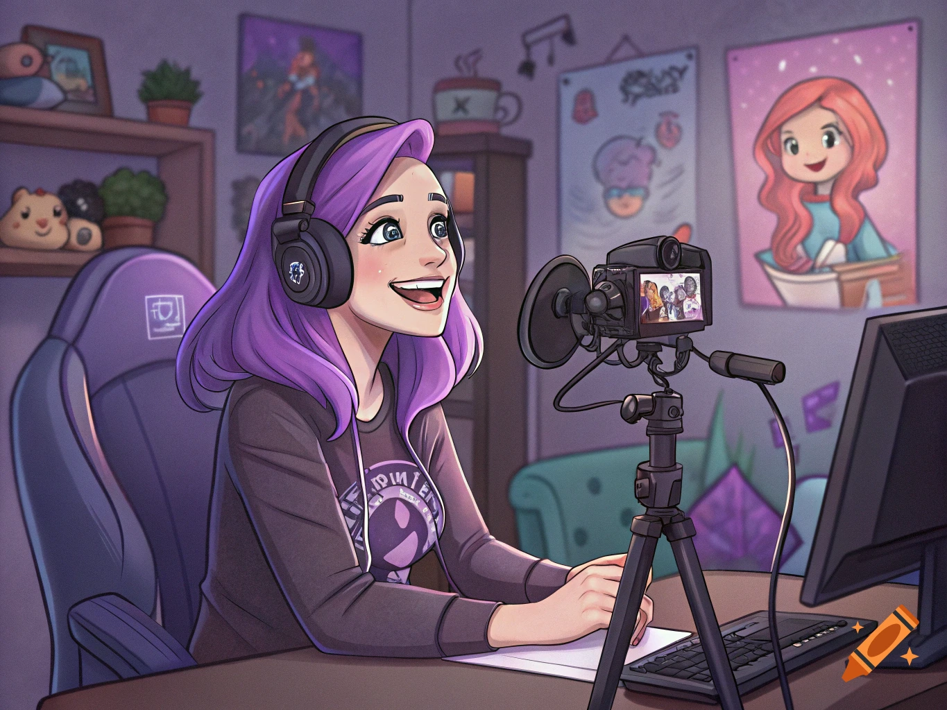 Cartoon girl with purple hair streaming at her computer desk