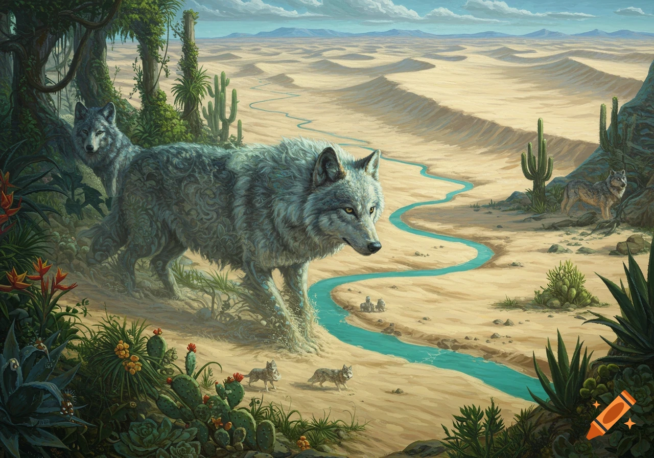 Painting of wolves in a desert landscape with a river.