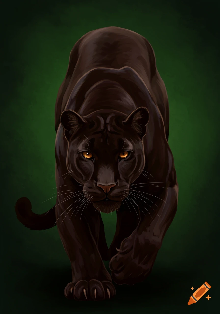 A black panther walks towards the viewer against a dark green background. Digital painting.