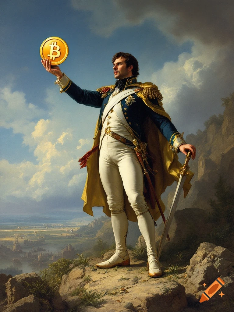 A man in historical military uniform stands on a hill, holding up a large golden Bitcoin coin, in the style of a classical painting.