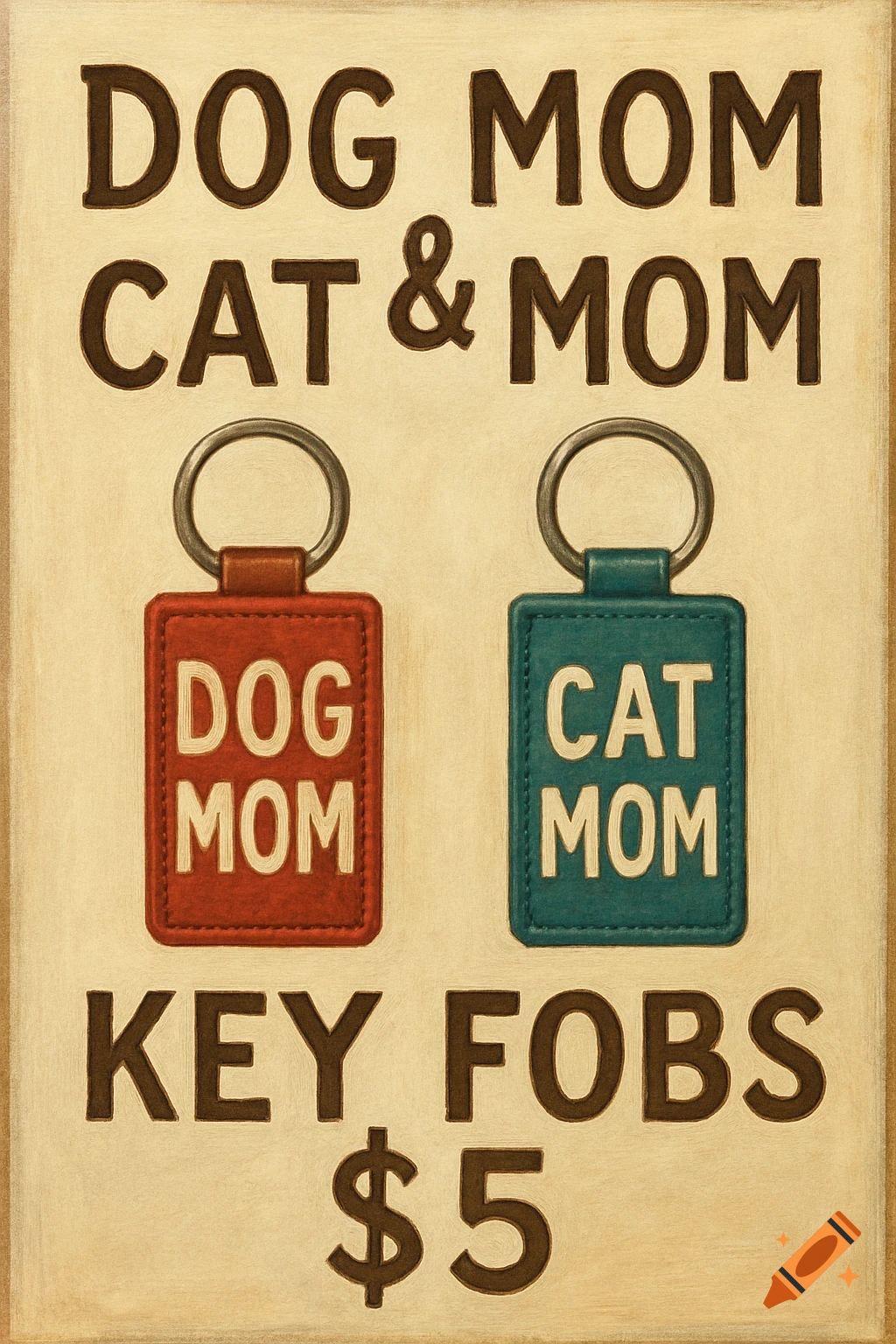A vintage-style painted sign advertises Dog Mom and Cat Mom key fobs for $5