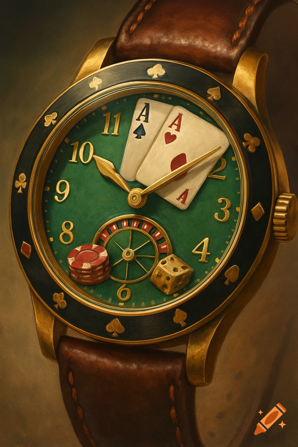 A close-up painting of a gold wristwatch with a green face, featuring poker cards, poker chips, and a roulette wheel.