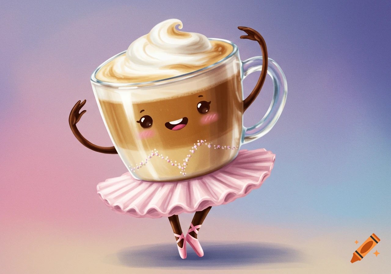 Cute cartoon coffee cup ballerina dancing